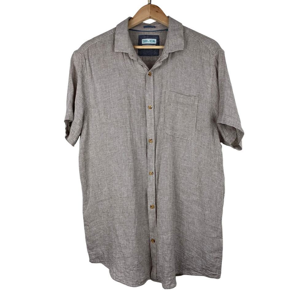 Tenth + Ocean Men's L Tan Woven Washable Linen Short Sleeve Button Up Shirt *